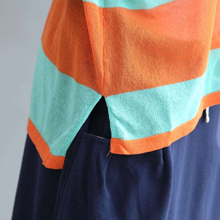 fall 2021 blue orange patchwork cotton blouse plus size v neck t shirt LTP171028