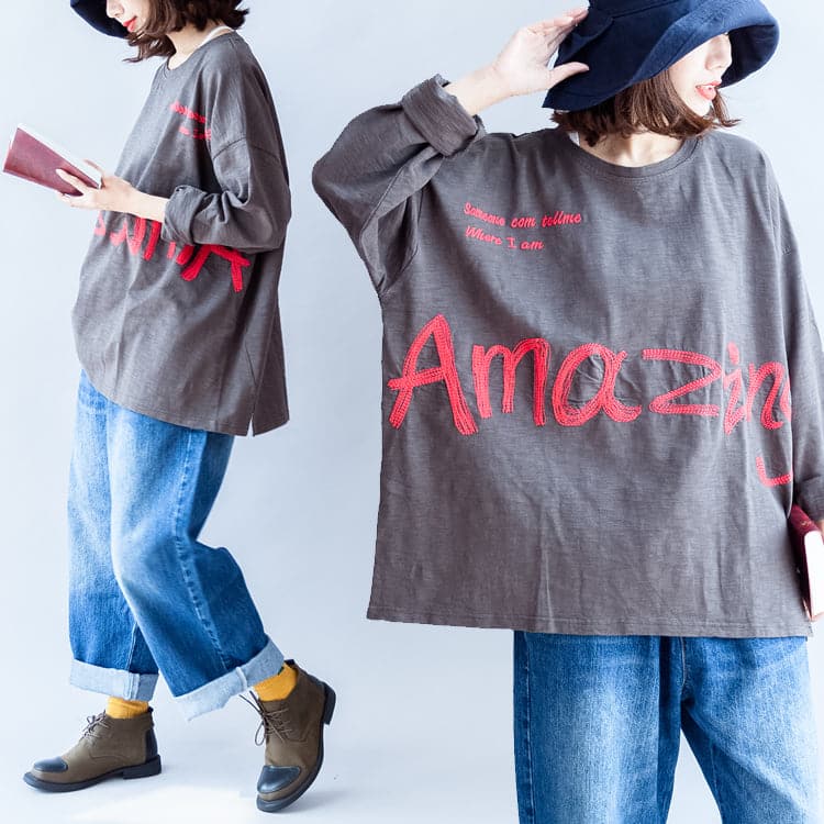 fall warm casual gray cotton embroidery alphabet pullover oversize o neck t shirt LTP171028