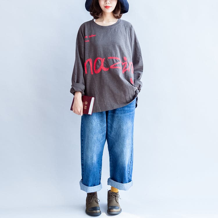 fall warm casual gray cotton embroidery alphabet pullover oversize o neck t shirt LTP171028