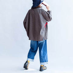 fall warm casual gray cotton embroidery alphabet pullover oversize o neck t shirt LTP171028