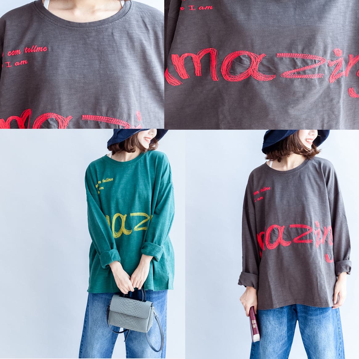 fall warm casual gray cotton embroidery alphabet pullover oversize o neck t shirt LTP171028