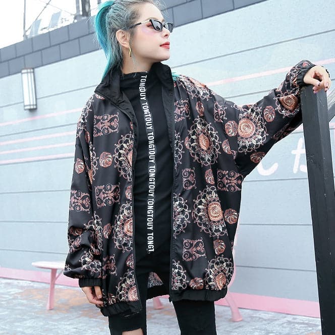 fashion floral tops plus size Stand t shirt 2018 zippered baggy clothing tops AT-CTS180917