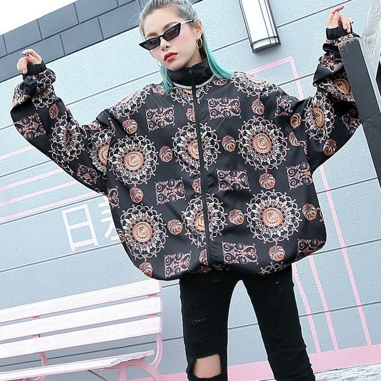 fashion floral tops plus size Stand t shirt 2018 zippered baggy clothing tops AT-CTS180917