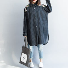 fashion outfit Refashion Turn-down Collar embroidery dark blue striped DIY cotton tops LTP181220