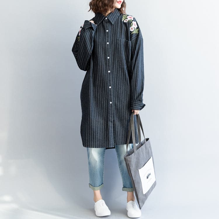 fashion outfit Refashion Turn-down Collar embroidery dark blue striped DIY cotton tops LTP181220
