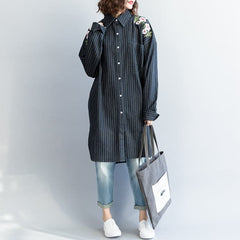 fashion outfit Refashion Turn-down Collar embroidery dark blue striped DIY cotton tops LTP181220