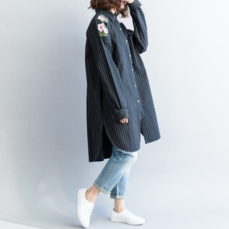 fashion outfit Refashion Turn-down Collar embroidery dark blue striped DIY cotton tops LTP181220