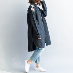 fashion outfit Refashion Turn-down Collar embroidery dark blue striped DIY cotton tops LTP181220