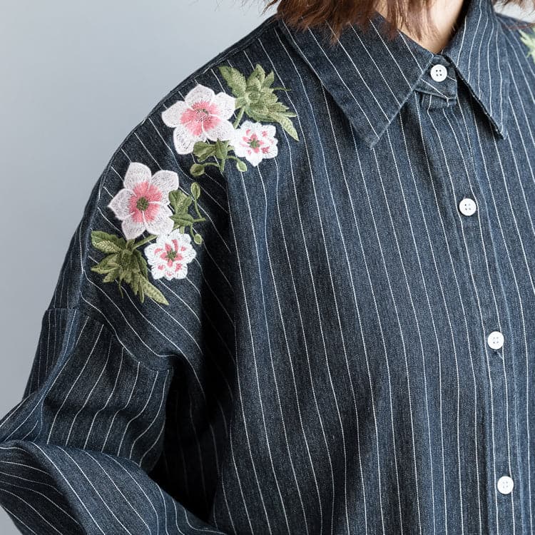 fashion outfit Refashion Turn-down Collar embroidery dark blue striped DIY cotton tops LTP181220