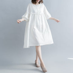 fashion white cotton linen knee dress plus size clothing cotton linen clothing dresses New lantern sleeve Cinched o neck baggy dresses SDL180808