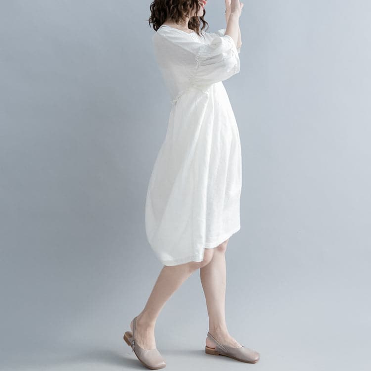 fashion white cotton linen knee dress plus size clothing cotton linen clothing dresses New lantern sleeve Cinched o neck baggy dresses SDL180808