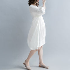 fashion white cotton linen knee dress plus size clothing cotton linen clothing dresses New lantern sleeve Cinched o neck baggy dresses SDL180808