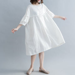 fashion white cotton linen knee dress plus size clothing cotton linen clothing dresses New lantern sleeve Cinched o neck baggy dresses SDL180808
