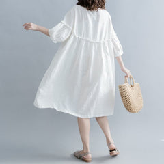 fashion white cotton linen knee dress plus size clothing cotton linen clothing dresses New lantern sleeve Cinched o neck baggy dresses SDL180808