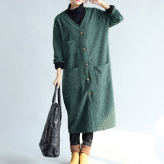 green vintage women long parka coat plus size v neck woolen trench long cardigans CTS171101