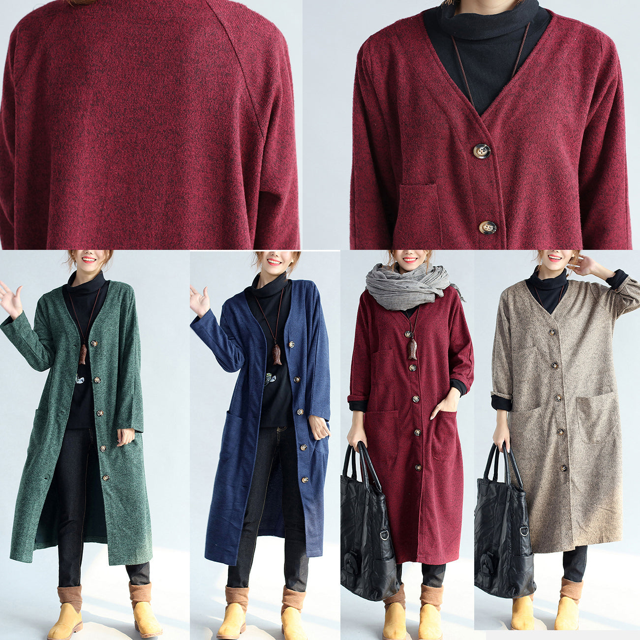green vintage women long parka coat plus size v neck woolen trench long cardigans CTS171101