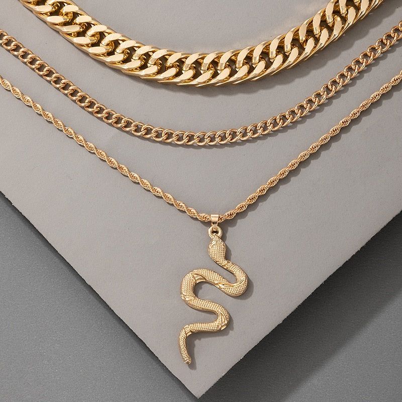 Hip Hop Gold Color Multilayer Snake Pattern Pendant Necklaces Charm Jewelry KOS0344 Touchy Style
