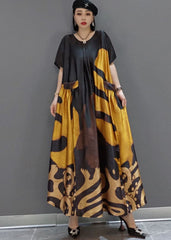 loose Yellow O-Neck Print Satin Maxi Dress Summer JDML-SDL220125