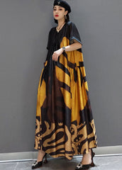 loose Yellow O-Neck Print Satin Maxi Dress Summer JDML-SDL220125