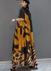 loose Yellow O-Neck Print Satin Maxi Dress Summer JDML-SDL220125