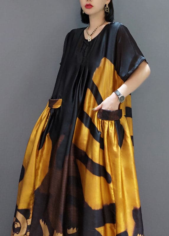 loose Yellow O-Neck Print Satin Maxi Dress Summer JDML-SDL220125