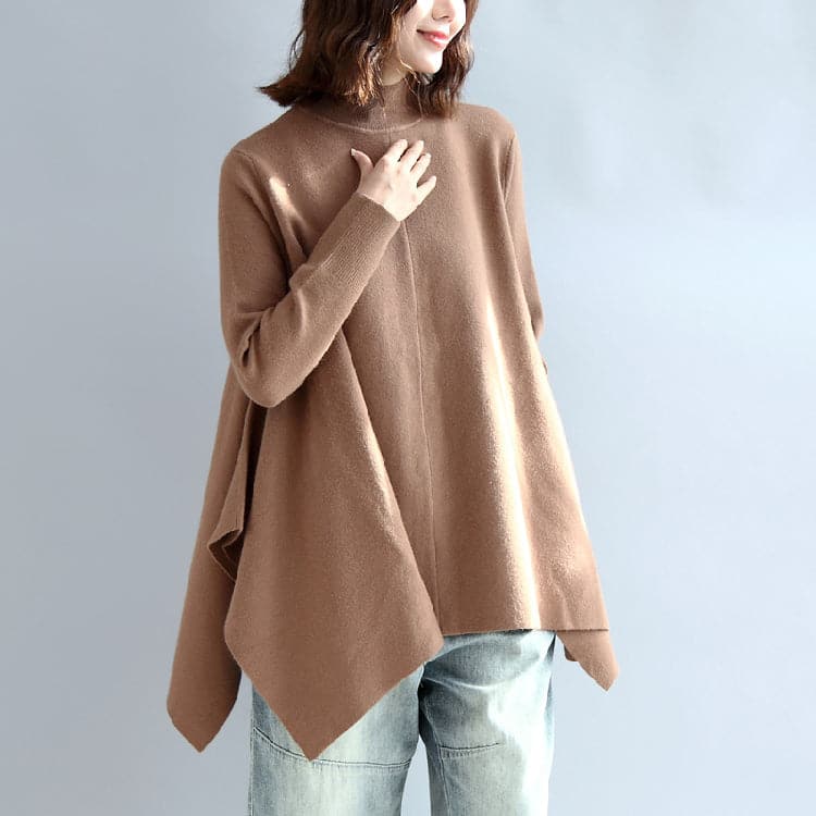 new 2021 khaki fashion knit tops plus size asymmetric large hem high neck sweaters NTP171028