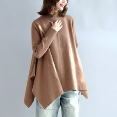 new 2021 khaki fashion knit tops plus size asymmetric large hem high neck sweaters NTP171028