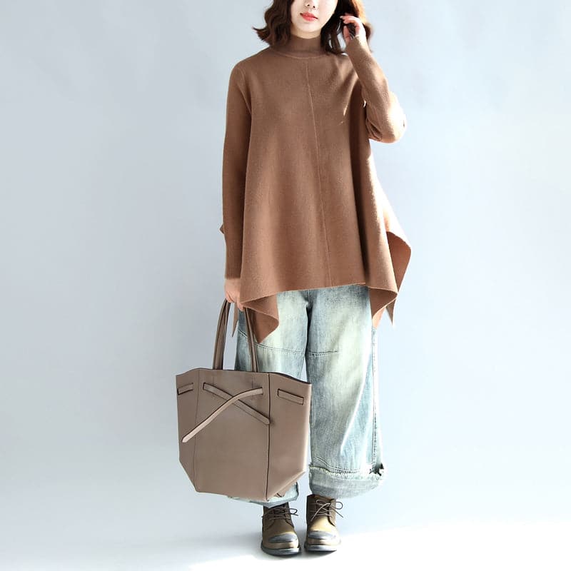 new 2021 khaki fashion knit tops plus size asymmetric large hem high neck sweaters NTP171028