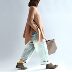 new 2021 khaki fashion knit tops plus size asymmetric large hem high neck sweaters NTP171028