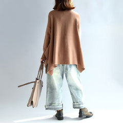 new 2021 khaki fashion knit tops plus size asymmetric large hem high neck sweaters NTP171028