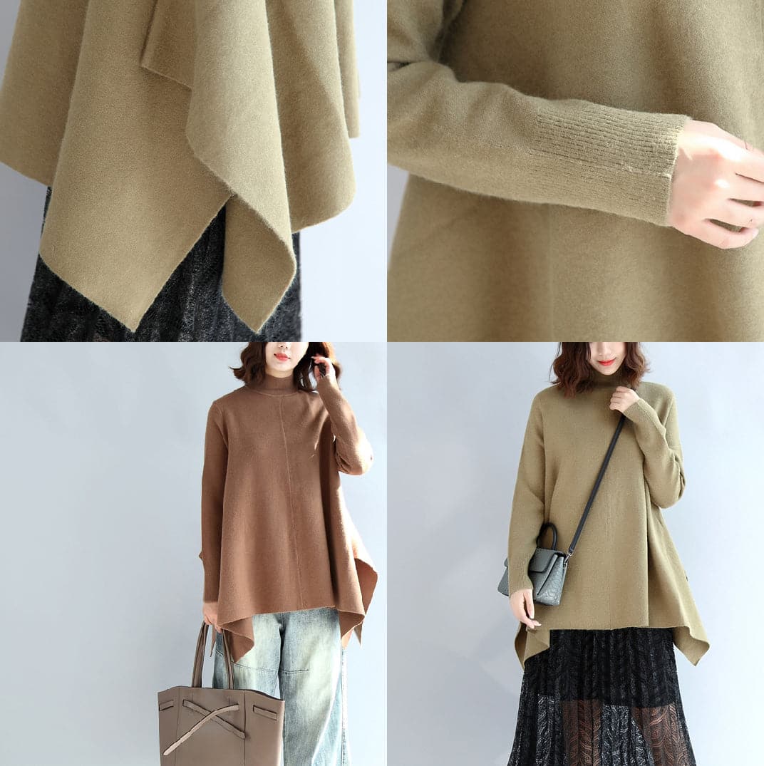new 2021 khaki fashion knit tops plus size asymmetric large hem high neck sweaters NTP171028