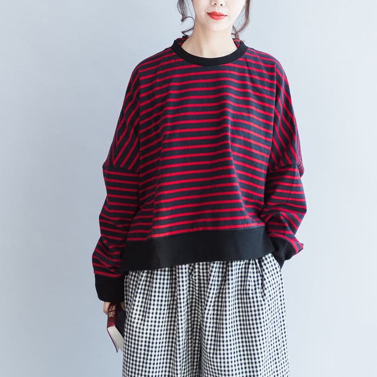 new red black striped cotton t shirt oversize batwing sleeve side open pullover LTP171028