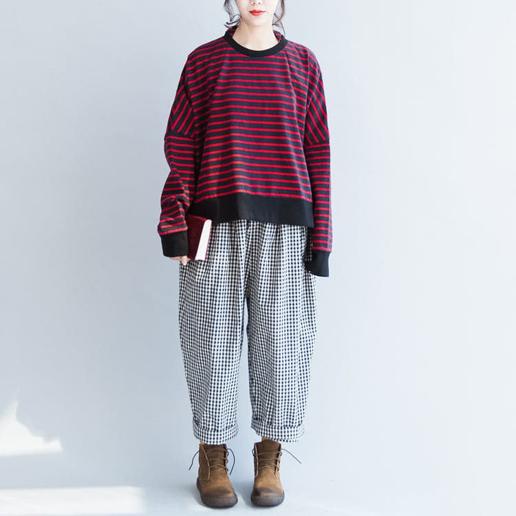 new red black striped cotton t shirt oversize batwing sleeve side open pullover LTP171028