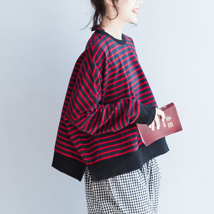 new red black striped cotton t shirt oversize batwing sleeve side open pullover LTP171028