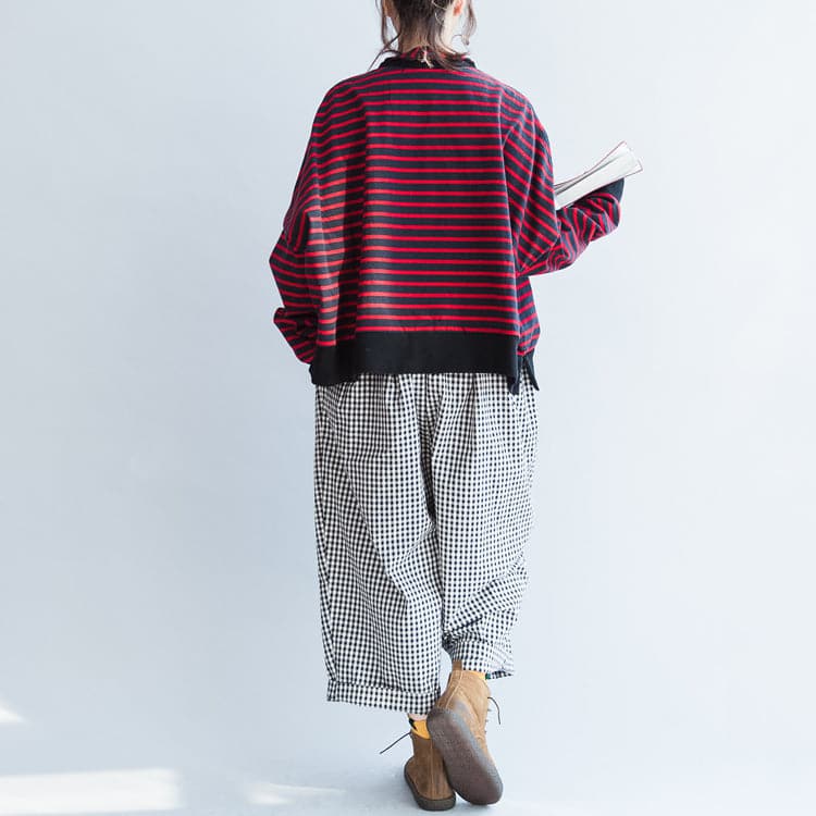 new red black striped cotton t shirt oversize batwing sleeve side open pullover LTP171028