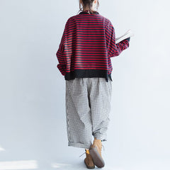 new red black striped cotton t shirt oversize batwing sleeve side open pullover LTP171028
