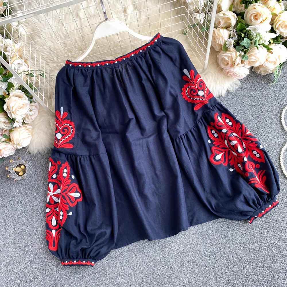 Women Retro Blouse Embroidered Lace-Up Tassel V-Neck Lantern Sleeve Tops dylinoshop
