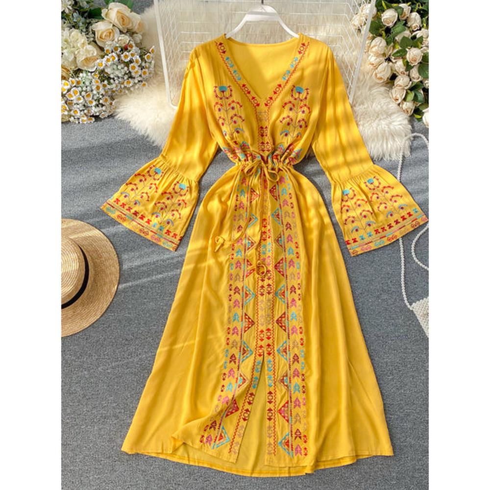 Women Embroidery Drawstring Trumpet Sleeves Ethnic Style Waist Long Dress dylinoshop