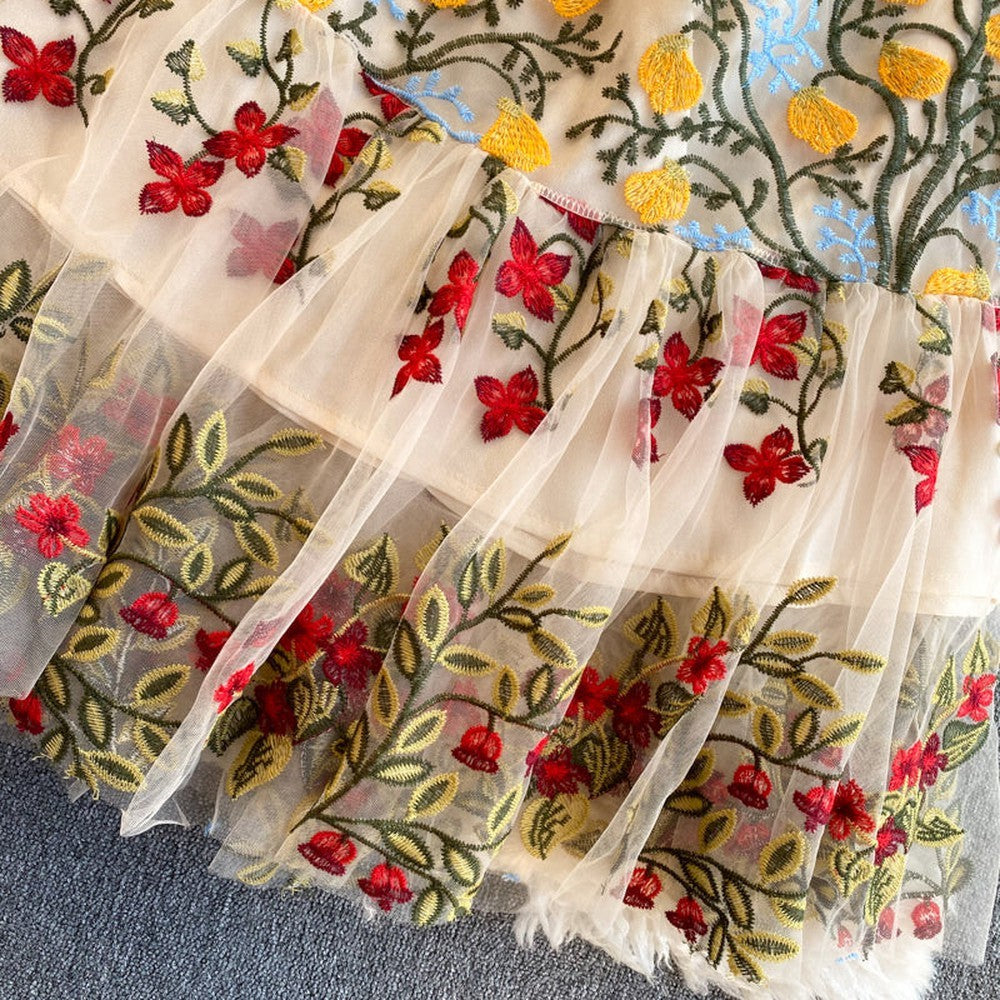 Women Runway Flare Sleeve Floral Embroidery Elegant Mesh Hollow Out Midi Dress dylinoshop