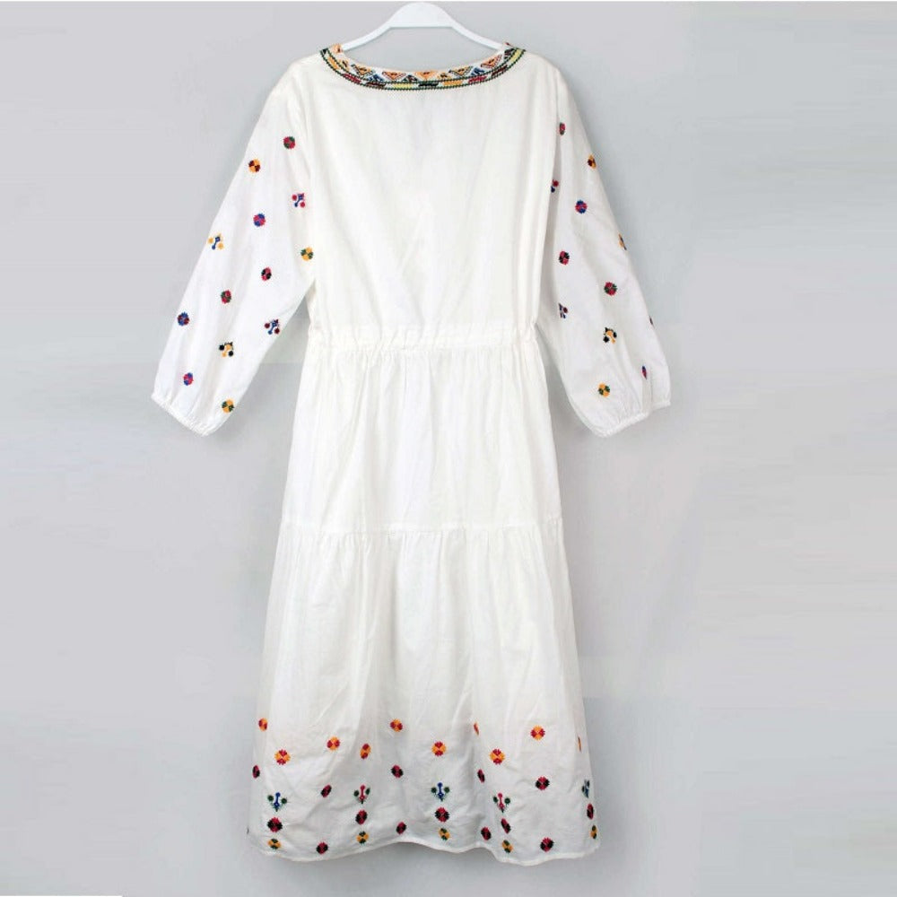 Women Vintage Embroidery Floral Casual Loose Lace Up Boho Mini Dress dylinoshop