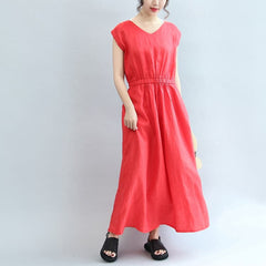 red elastic waist linen dresses loose short sleeve maxi dress SDL171028