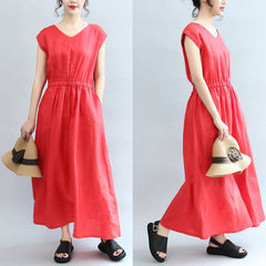 red elastic waist linen dresses loose short sleeve maxi dress SDL171028