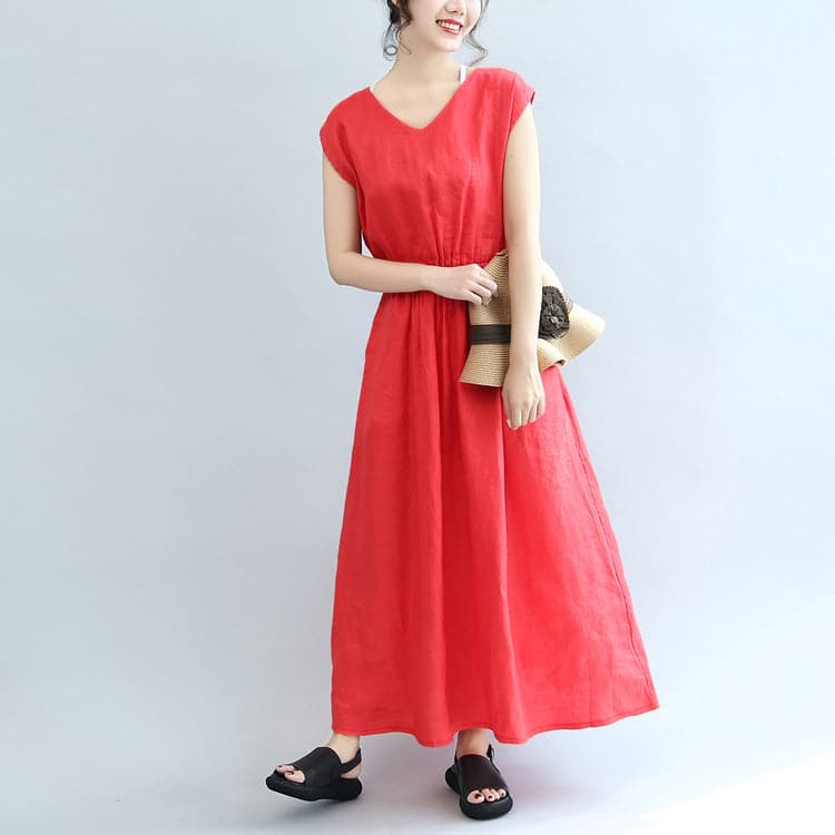 red elastic waist linen dresses loose short sleeve maxi dress SDL171028