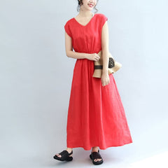 red elastic waist linen dresses loose short sleeve maxi dress SDL171028