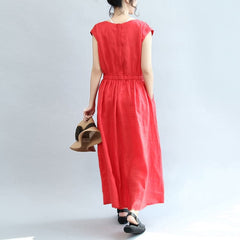 red elastic waist linen dresses loose short sleeve maxi dress SDL171028