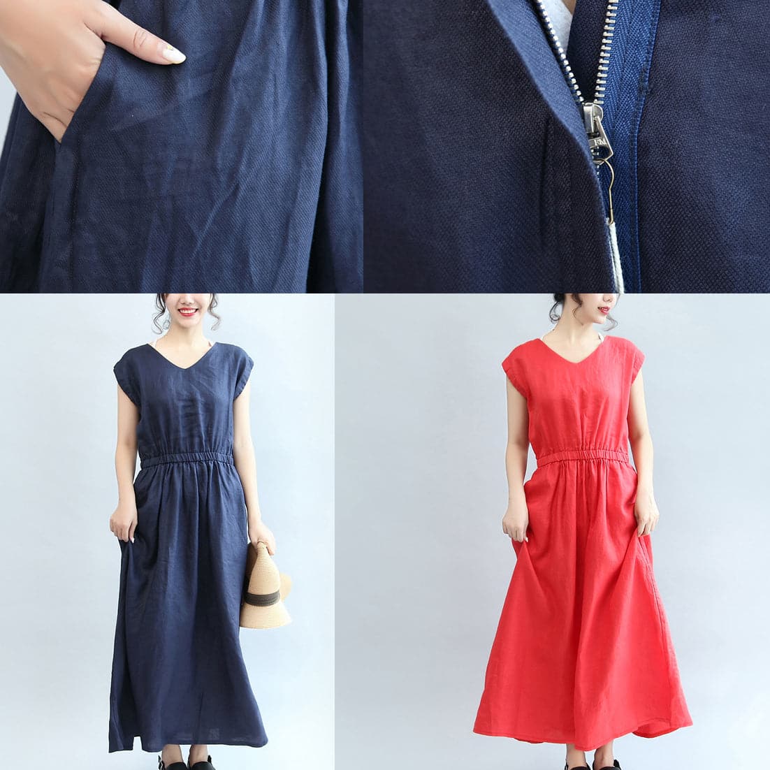 red elastic waist linen dresses loose short sleeve maxi dress SDL171028
