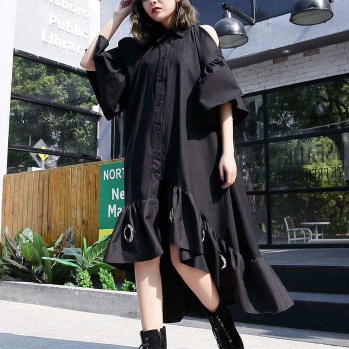 fine black patchwork cotton maxi dress trendy plus size hollow out gown casual asymmetric hem cotton caftans AT-SDL180213