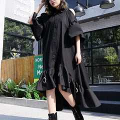 fine black patchwork cotton maxi dress trendy plus size hollow out gown casual asymmetric hem cotton caftans AT-SDL180213