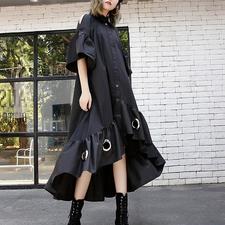 fine black patchwork cotton maxi dress trendy plus size hollow out gown casual asymmetric hem cotton caftans AT-SDL180213