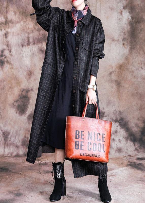 fine black woolen overcoat oversize Coats fall women coats striped TCT190910